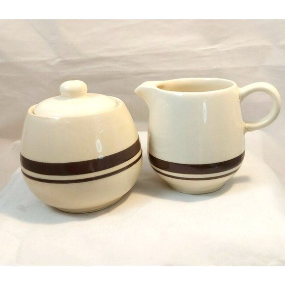 Vintage McCoy CREAMER & SUGAR BOWL w/Lid Set Brown Stripes,1970s, 1 Owner - Picture 1 of 8